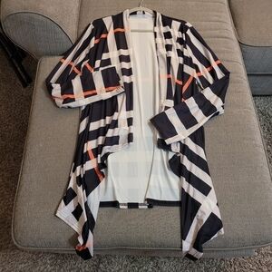 Art to Wear Abstract Boho Black Orange Tan Open Front Soft Cardigan Size XL